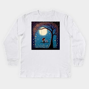 Just me, the moon and, my cat Kids Long Sleeve T-Shirt